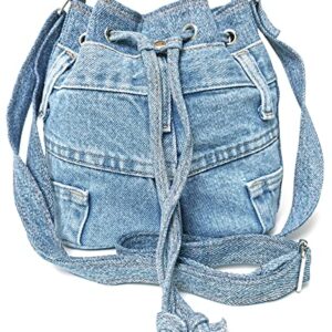 Bijoux De Ja Upcycling Blue Denim Jeans Small Drawstring Crossbody Bag Bucket Pouch Sac Shoulder Handbag Purse