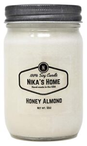 nika’s home honey almond soy candle 12oz mason jar non-toxic white soy handmade, long burning 50-60 hours highly scented all natural, clean burning large candle gift décor