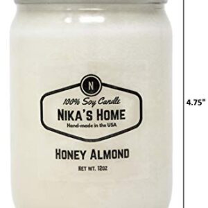 Nika's Home Honey Almond Soy Candle 12oz Mason Jar Non-Toxic White Soy Handmade, Long Burning 50-60 Hours Highly Scented All Natural, Clean Burning Large Candle Gift Décor