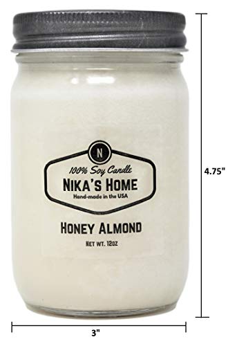 Nika's Home Honey Almond Soy Candle 12oz Mason Jar Non-Toxic White Soy Handmade, Long Burning 50-60 Hours Highly Scented All Natural, Clean Burning Large Candle Gift Décor