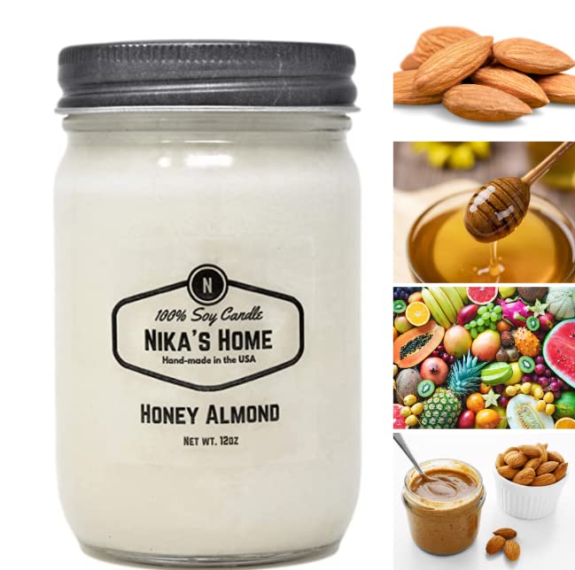 Nika's Home Honey Almond Soy Candle 12oz Mason Jar Non-Toxic White Soy Handmade, Long Burning 50-60 Hours Highly Scented All Natural, Clean Burning Large Candle Gift Décor