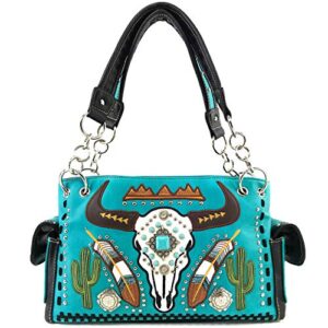 zelris longhorn skull embroidered feather cactus design women conceal carry ccw shoulder handbag purse (turquoise)
