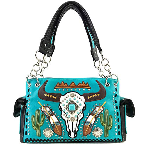 Zelris Longhorn Skull Embroidered Feather Cactus Design Women Conceal Carry CCW Shoulder Handbag Purse (Turquoise)