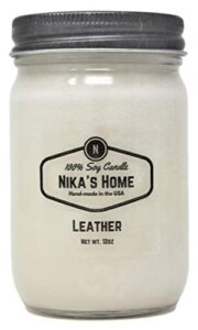 nika’s home leather soy candle 12oz mason jar non-toxic white candle valentines day gifts for him handmade, long burning 50-60 hrs highly scented all natural clean burning large candles for men
