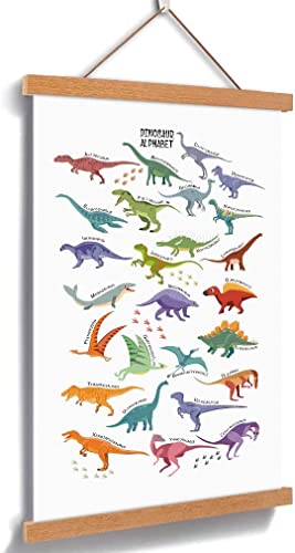 CHDITB Dinosaur Art Print Magnetic Natural Wood Hanger Frame Poster,Canvas Animal Dinosaur Alphabet Painting 28X45cm Wall Hanging Art Print for Kids Room Classroom Nursery Decor