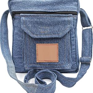 Upcycling Blue Denim Jeans Messenger Cross Body Shoulder Handbag Purse for Unisex