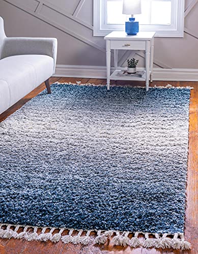 Unique Loom Hygge Shag Collection Modern Moroccan Inspired, Plush & Cozy Area Rug, 4 ft x 6 ft, Blue/Ivory