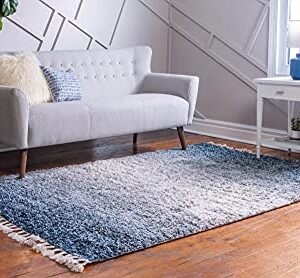 Unique Loom Hygge Shag Collection Modern Moroccan Inspired, Plush & Cozy Area Rug, 4 ft x 6 ft, Blue/Ivory