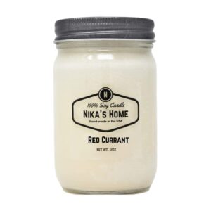 nika’s home red currant soy candle 12oz mason jar non-toxic white soy handmade long burning 50-60 hours highly scented all natural clean burning large candle gift décor