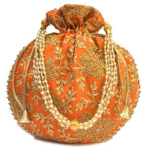 indian ethnic designer embroidery silk potli bag batwa pearls handle ladies handbag purse for bridal party clutch for women wedding and gifting (orange)
