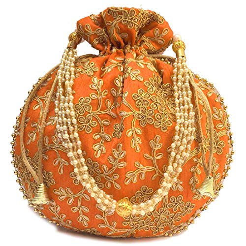 Indian Ethnic Designer Embroidery Silk Potli bag Batwa Pearls Handle Ladies Handbag Purse for Bridal Party Clutch for Women wedding and Gifting (Orange)