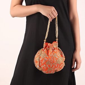 Indian Ethnic Designer Embroidery Silk Potli bag Batwa Pearls Handle Ladies Handbag Purse for Bridal Party Clutch for Women wedding and Gifting (Orange)