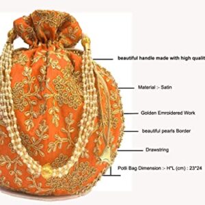 Indian Ethnic Designer Embroidery Silk Potli bag Batwa Pearls Handle Ladies Handbag Purse for Bridal Party Clutch for Women wedding and Gifting (Orange)