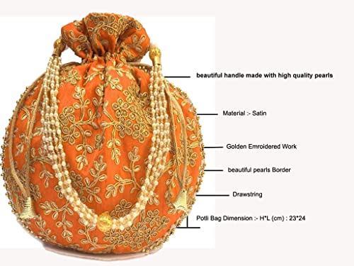 Indian Ethnic Designer Embroidery Silk Potli bag Batwa Pearls Handle Ladies Handbag Purse for Bridal Party Clutch for Women wedding and Gifting (Orange)