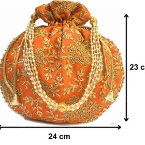 Indian Ethnic Designer Embroidery Silk Potli bag Batwa Pearls Handle Ladies Handbag Purse for Bridal Party Clutch for Women wedding and Gifting (Orange)