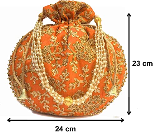 Indian Ethnic Designer Embroidery Silk Potli bag Batwa Pearls Handle Ladies Handbag Purse for Bridal Party Clutch for Women wedding and Gifting (Orange)