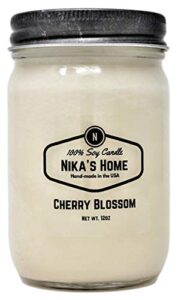 nika’s home cherry blossom soy candle 12oz mason jar non-toxic white soy handmade, long burning 50-60 hours highly scented all natural, clean burning large candle gift décor
