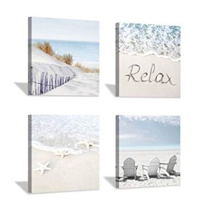 coastal artwork beach wall art: starfish & chairs on sand painting with word picture on canvas for living room (12” x 12” x 4 panels)