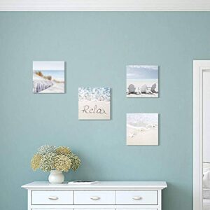 Coastal Artwork Beach Wall Art: Starfish & Chairs on Sand Painting with Word Picture on Canvas for Living Room (12” x 12'' x 4 Panels)