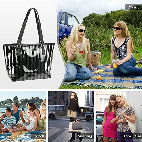 2 in 1 Semi Clear Beach Tote Bags Large Work Shoulder Bag with Interior Pouch (Black)