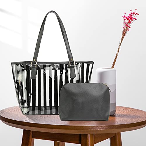 2 in 1 Semi Clear Beach Tote Bags Large Work Shoulder Bag with Interior Pouch (Black)