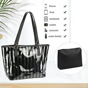 2 in 1 Semi Clear Beach Tote Bags Large Work Shoulder Bag with Interior Pouch (Black)