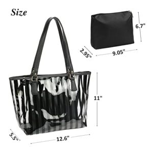 2 in 1 Semi Clear Beach Tote Bags Large Work Shoulder Bag with Interior Pouch (Black)