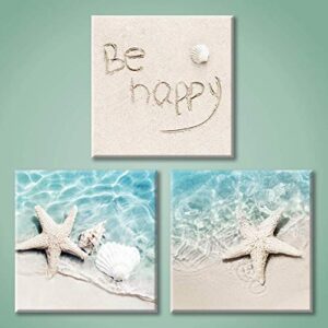 beach starfish canvas wall art: starfish and conch in the teal sea water picture prints on canvas for bathroom (12” x 12” x 3 panels)