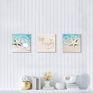 Beach Starfish Canvas Wall Art: Starfish and Conch in The Teal Sea Water Picture Prints on Canvas for Bathroom (12'' x 12'' x 3 Panels)