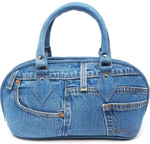 bijoux de ja upcycling blue denim trim curved shape top handle handbag purse (denim)