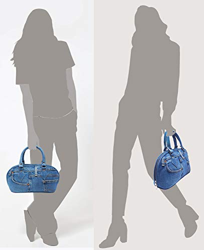 Bijoux De Ja Upcycling Blue Denim Trim Curved Shape Top Handle Handbag Purse (denim)