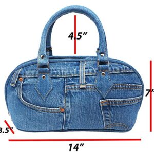 Bijoux De Ja Upcycling Blue Denim Trim Curved Shape Top Handle Handbag Purse (denim)