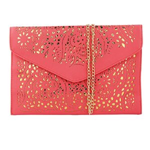 imentha women perforated cut out pattern gold accent background chain pouch fashion clutch handbag wedding party purses envelope evening day clutch bag for women ladies (watermelon red)
