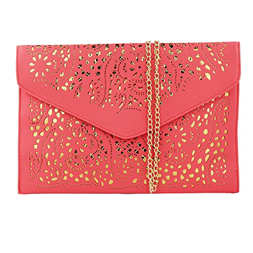 imentha Women Perforated Cut Out Pattern Gold Accent Background Chain Pouch Fashion Clutch Handbag Wedding Party Purses Envelope Evening Day Clutch Bag For Women Ladies (Watermelon Red)