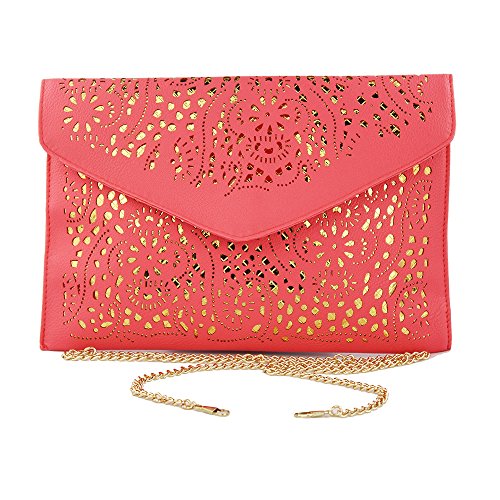 imentha Women Perforated Cut Out Pattern Gold Accent Background Chain Pouch Fashion Clutch Handbag Wedding Party Purses Envelope Evening Day Clutch Bag For Women Ladies (Watermelon Red)