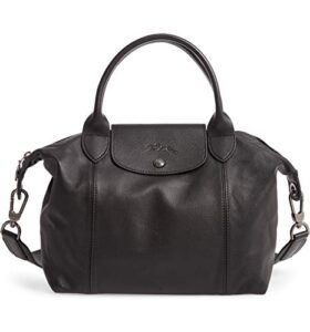 longchamp women’s le pliage black leather top handle leather tote handbag medium