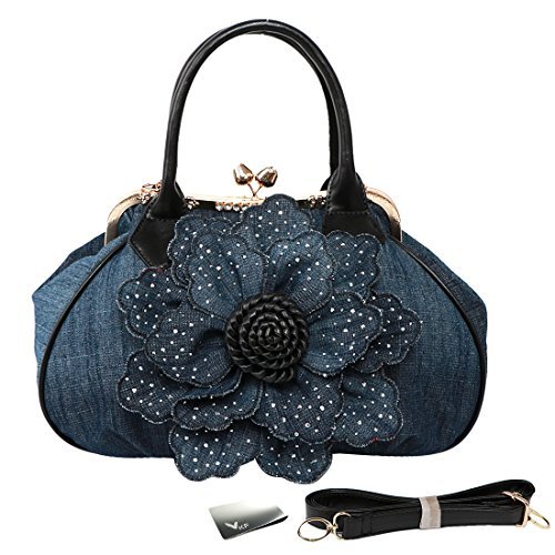 kilofly Women's Large Flower Denim Satchel Handbag Shoulder Bag + KF Money Clip