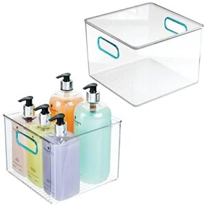 mdesign plastic storage bin with handles for organizing hand soaps, body wash, shampoos, lotion, conditioners, hand towels, hair accessories, body spray, mouthwash – 8″ square, 2 pack – clear/blue
