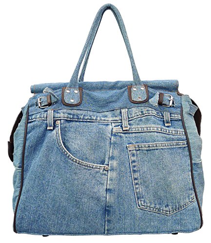 Bijoux De Ja X-Large Blue Denim Double Top Handle Tote Shopper Handbag Purse for women