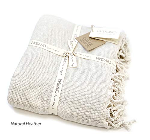 100% Organic Cotton Knit Throw Blanket with Tassels (70x80) Soft Stretchy Warm Lightweight All-Season Non-Toxic Eco-Friendly (Natural Heather)