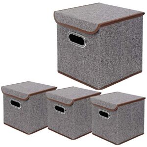 beigeswan storage bin [set of 4] linen fabric foldable container with lid, collapsible organizer boxes cubes ¨c 10 x 10 x 10 inches (gray)