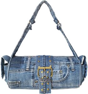bijoux de ja upcycling blue denim jeans punk brass rivet studded buckle belt decorative barrel shoulder handle handbag purse