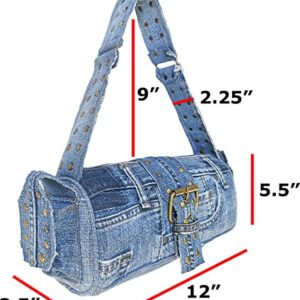 Bijoux De Ja Upcycling Blue Denim Jeans Punk Brass Rivet Studded Buckle Belt Decorative Barrel Shoulder Handle Handbag Purse