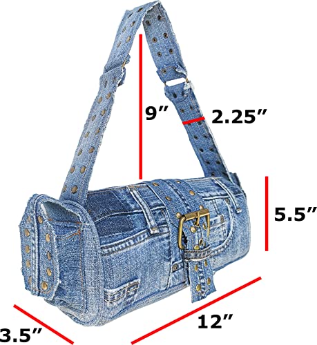 Bijoux De Ja Upcycling Blue Denim Jeans Punk Brass Rivet Studded Buckle Belt Decorative Barrel Shoulder Handle Handbag Purse