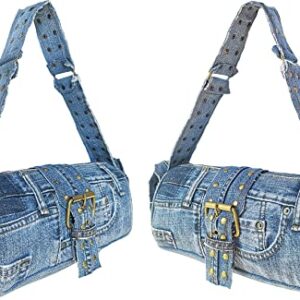 Bijoux De Ja Upcycling Blue Denim Jeans Punk Brass Rivet Studded Buckle Belt Decorative Barrel Shoulder Handle Handbag Purse