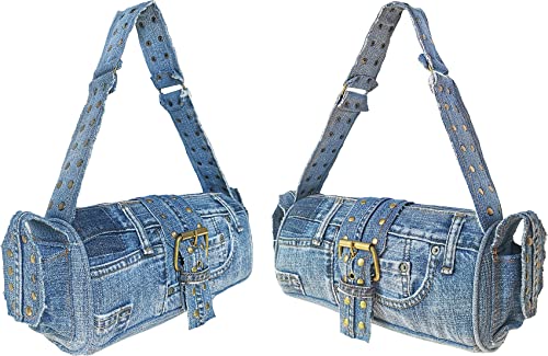 Bijoux De Ja Upcycling Blue Denim Jeans Punk Brass Rivet Studded Buckle Belt Decorative Barrel Shoulder Handle Handbag Purse