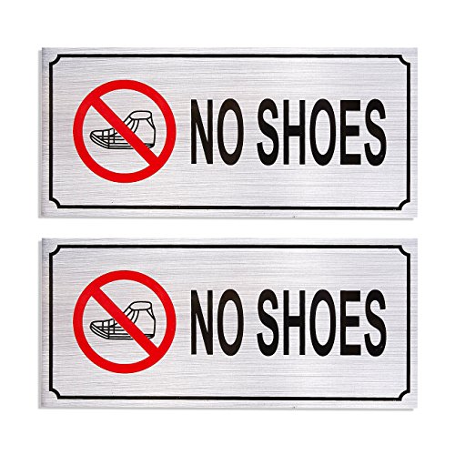 Juvale 2-Pack No Shoes Signs - Remove Shoes Wall Plates, Self-Adhesive Aluminum Sign for Wall or Door, Silver - 7.87 x 3.6 Inches
