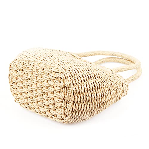 Women Summer Beach Straw Tote Bag Handmade Weave Handbag with Top Handle Removable Strap (Beige)