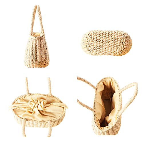 Women Summer Beach Straw Tote Bag Handmade Weave Handbag with Top Handle Removable Strap (Beige)