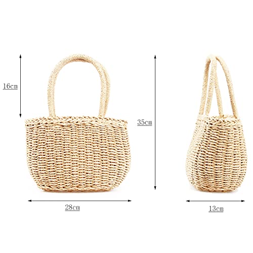 Women Summer Beach Straw Tote Bag Handmade Weave Handbag with Top Handle Removable Strap (Beige)